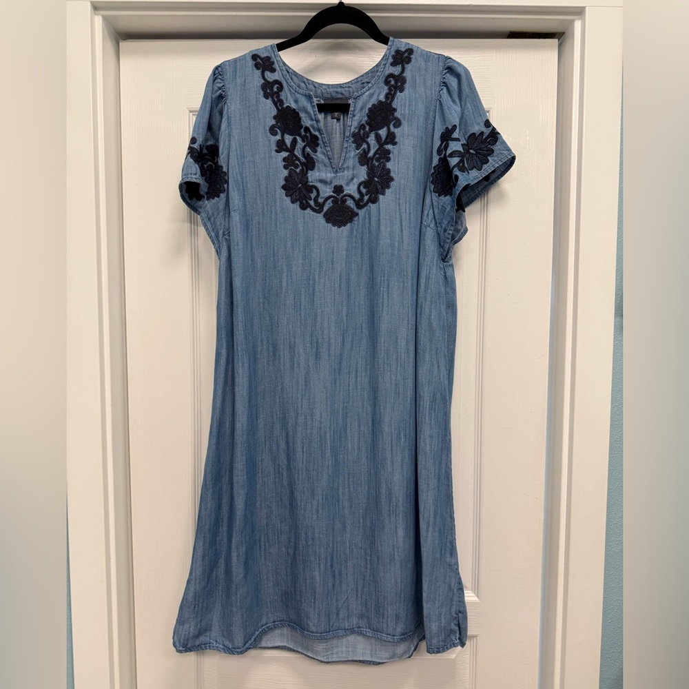 J. Jill Embroidered Indigo Flutter Sleeve Dress, Medium Tall - Picture 3 of 5